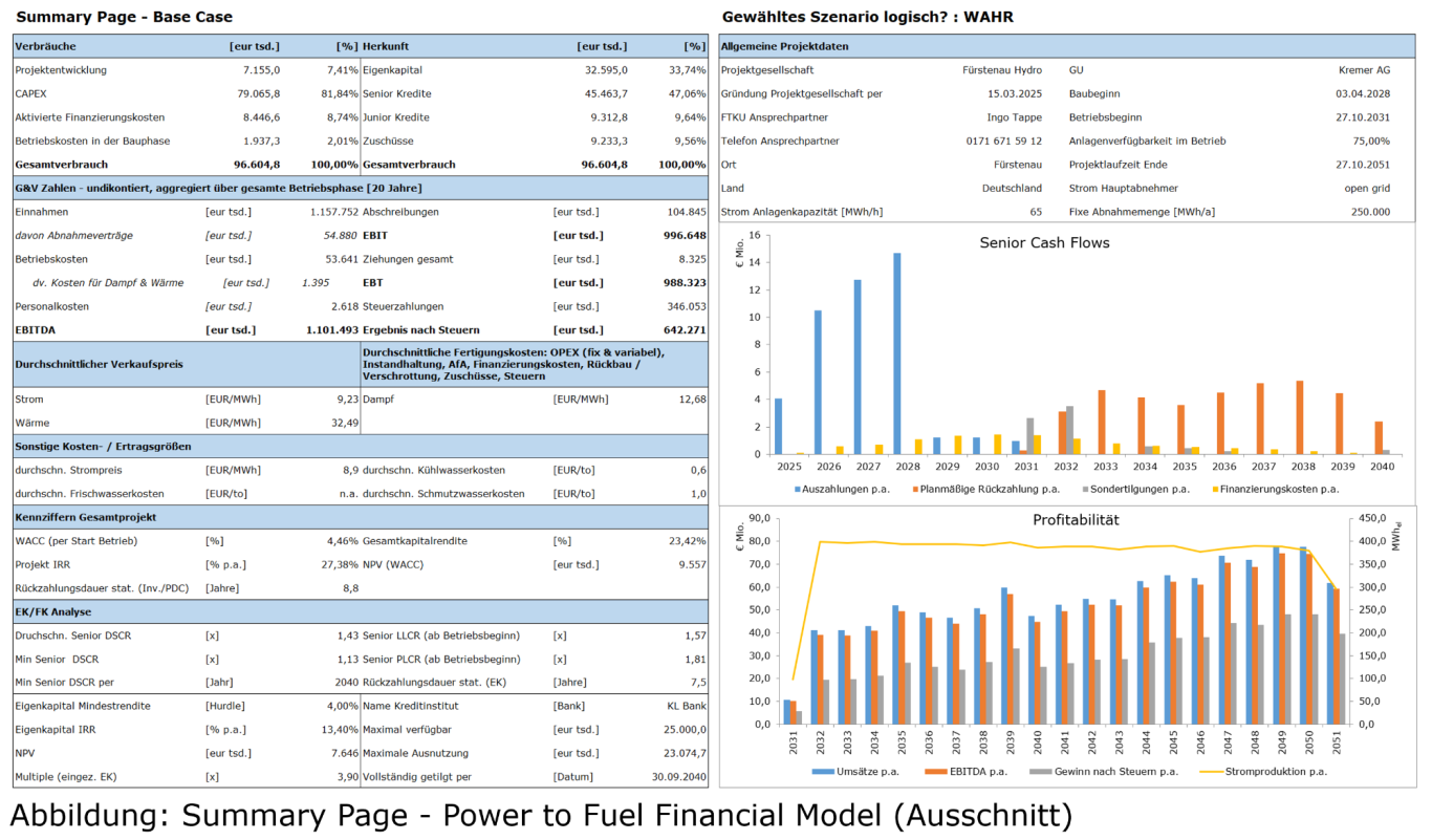 Summary Page (Aussnchitt) für ein Power to Fuel (PtF) Projekt. Modellaufbau, Analyse und Summarypage sind exakt entsprechend der Kundenanforderungen programmiert. 